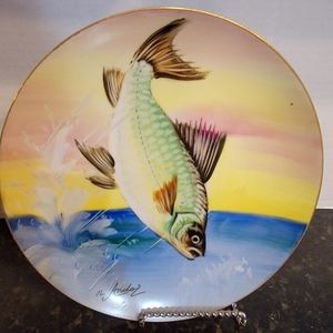 Vintage Hand Painted Hinode Japan Sports Fish 8" round plate,  Signed N. Andoz